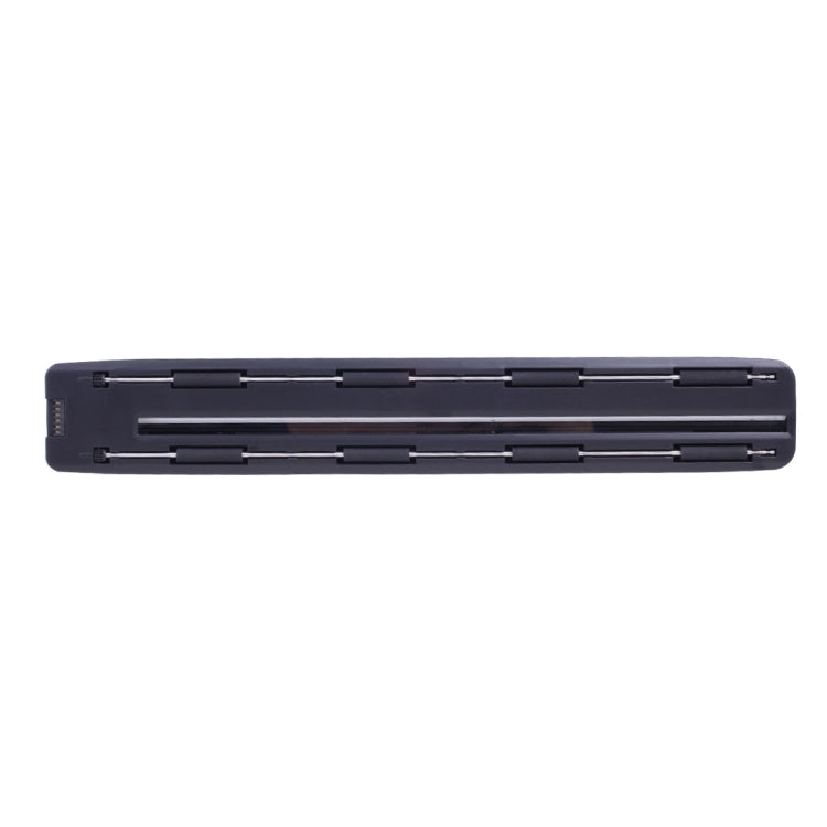 Portable handheld document scanner base view with guide rollers, dark gray/black.