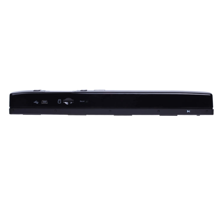 Black portable WiFi document scanner side profile with ports along the top edge
