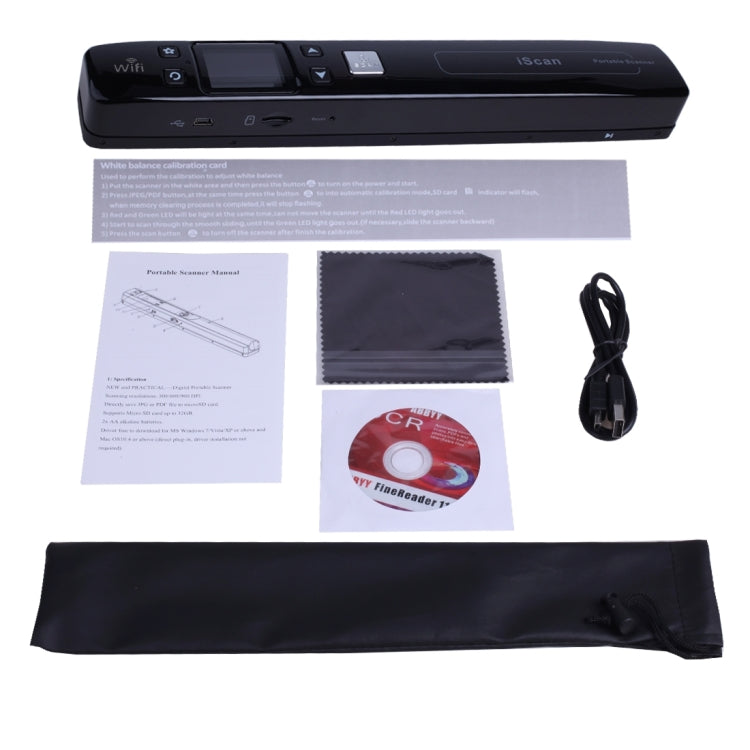 Black portable WiFi document scanner kit with power cable and included accessories
