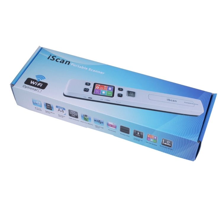 Blue retail box for iScan portable WiFi document scanner with product image