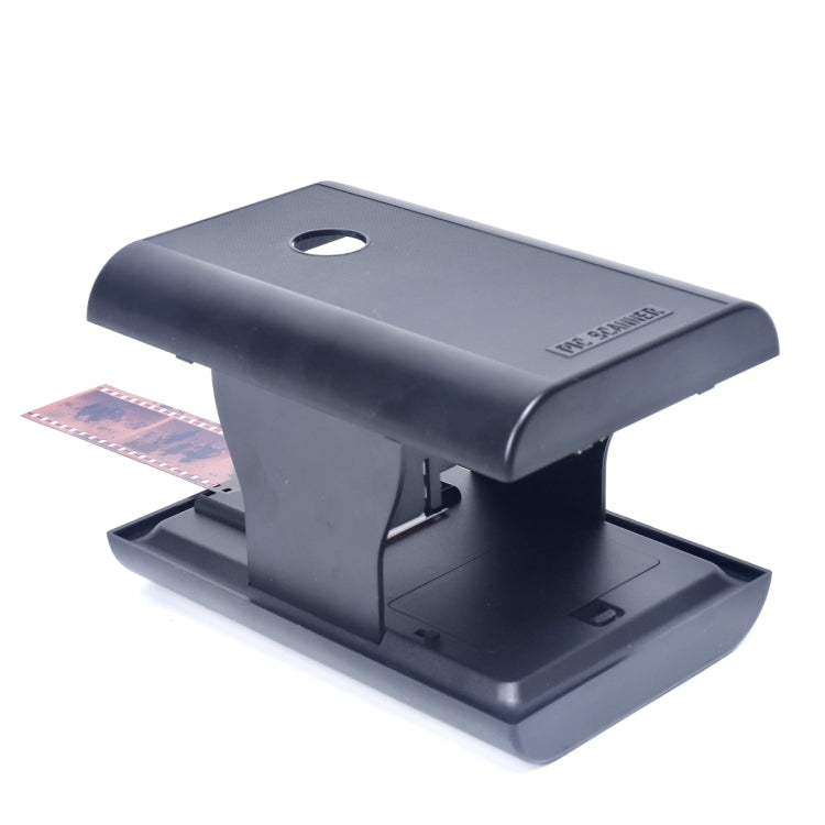 Dark gray film scanner cradle with top handle and film strip