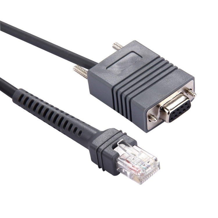 Close-up RS232 to RJ45 adapter cable: DB9 male connector to RJ45 plug.