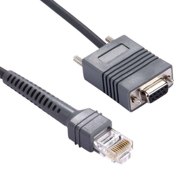 RS232 to RJ45 cable with DB9 male connector and RJ45 plug in protective housing.