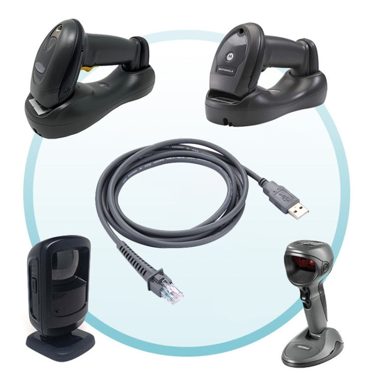 USB-A to RJ45 cable kit shown with barcode scanners and charging cradles