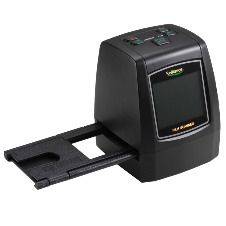 Front view of black film scanner with film holder and TFT screen