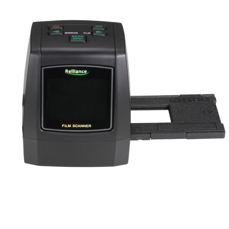 Front view of black film scanner with built-in screen and film tray
