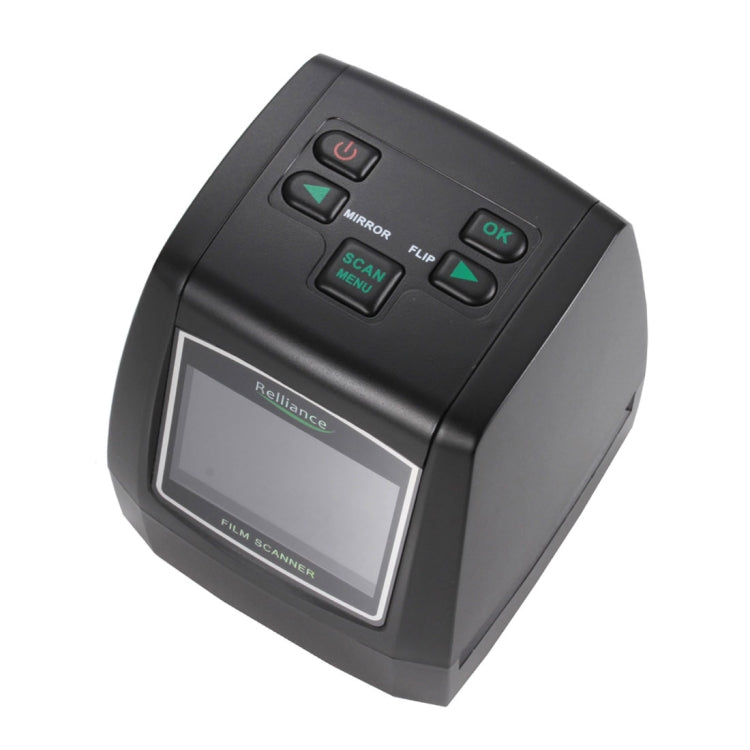 Top view of black film scanner with power, scan menu, and OK buttons