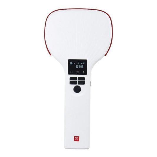 White handheld UHF RFID Bluetooth reader with red-circled antenna and dark display/buttons