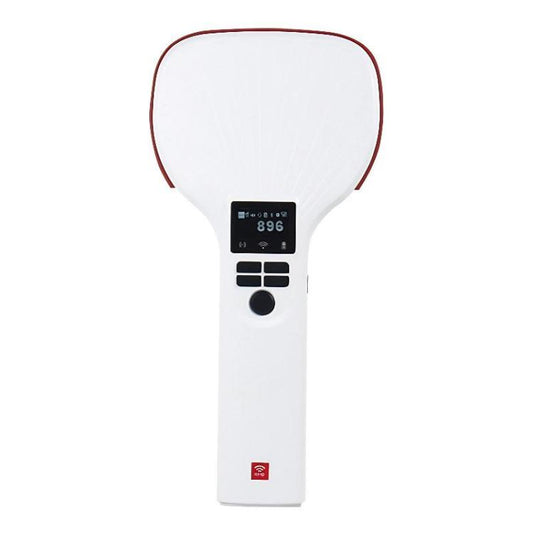 Front view of a white handheld UHF RFID reader with red rim and scan controls