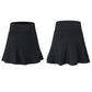 Black athletic mini skirt with flared hem, shown from front and angled views