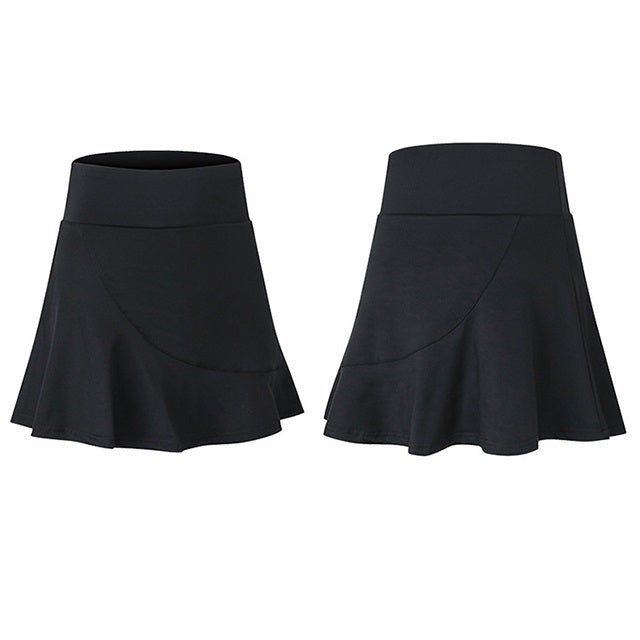 Black athletic mini skirt with flared hem, shown from front and angled views
