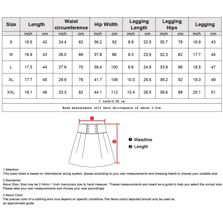 Size chart diagram for athletic skirt with waist and length measurements