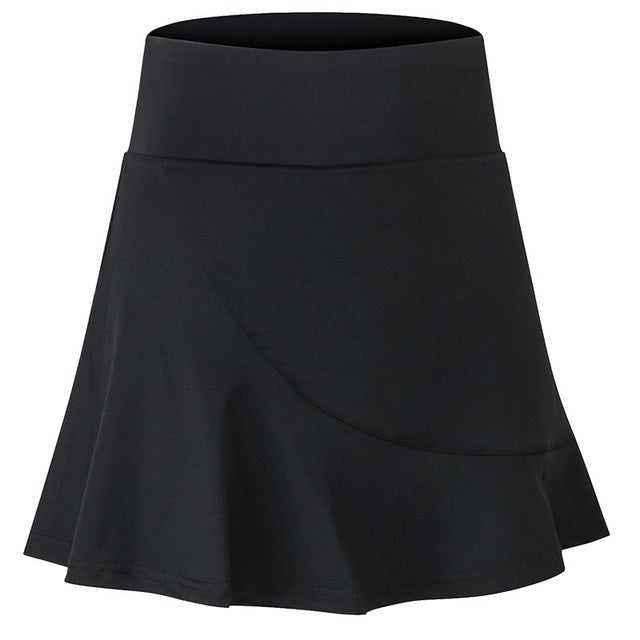 Black flared athletic mini skirt with curved mid-panel and swing hem
