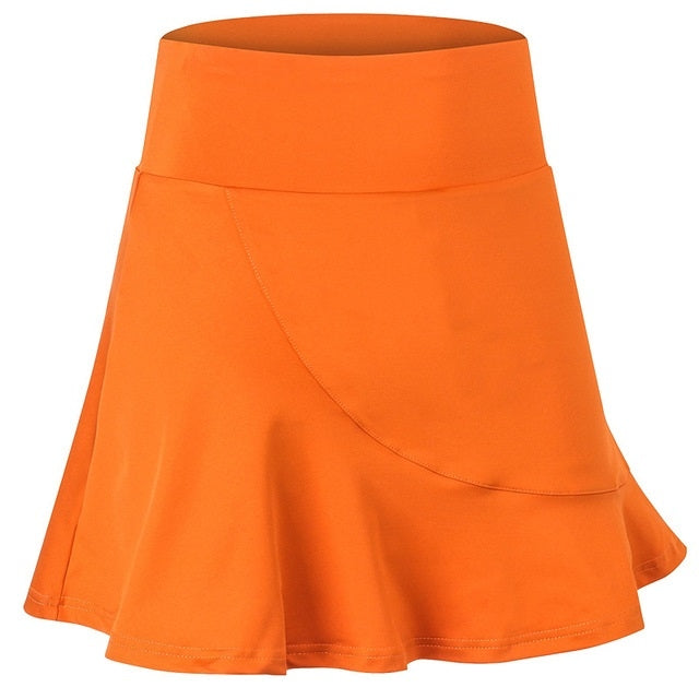 Orange mini sports skirt with diagonal seaming and A-line silhouette