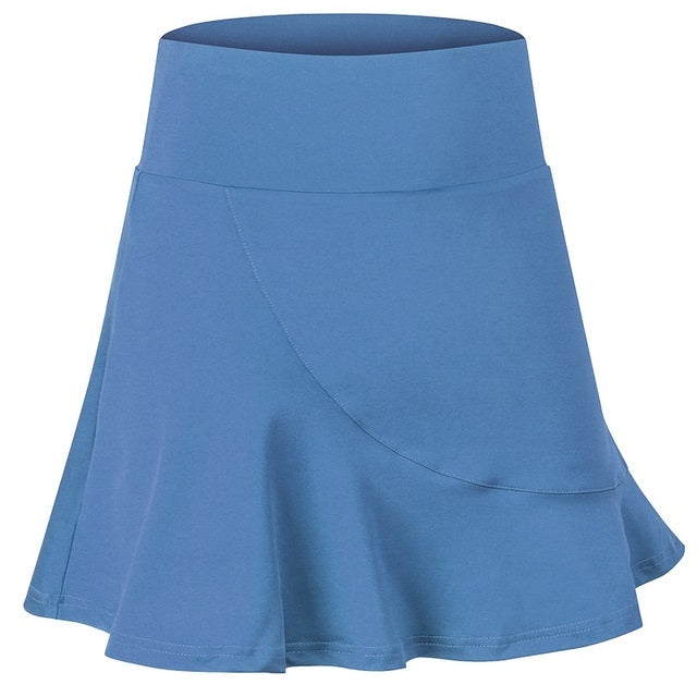 Women's blue A-line sports skirt with elastic waistband and flared hem design