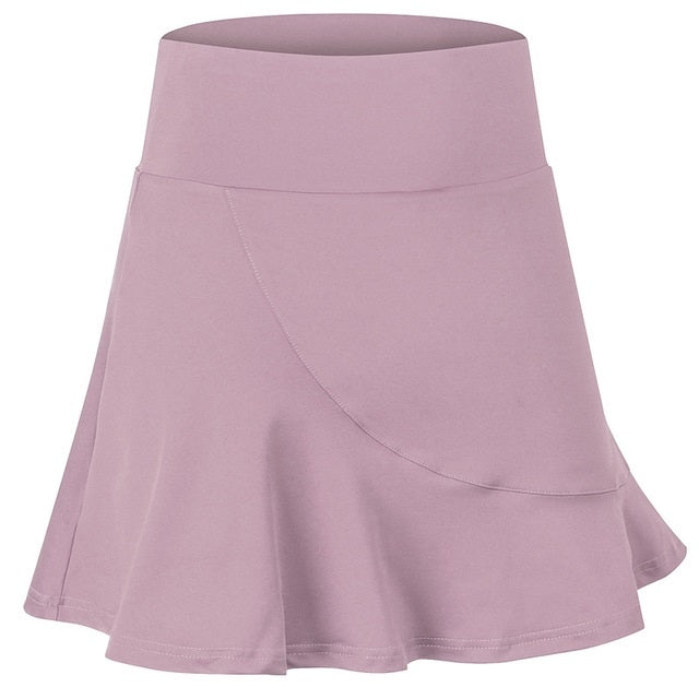 Women's petal pink A-line sports skirt with elastic waistband and diagonal panel stitching