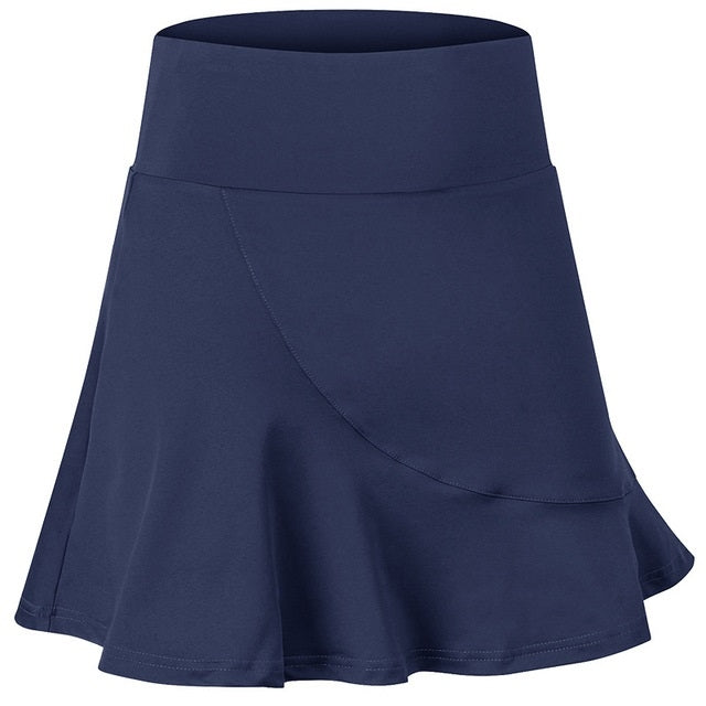 Women’s quick-drying A-line sports skirt, blue-toned navy with wide waistband and flared hem