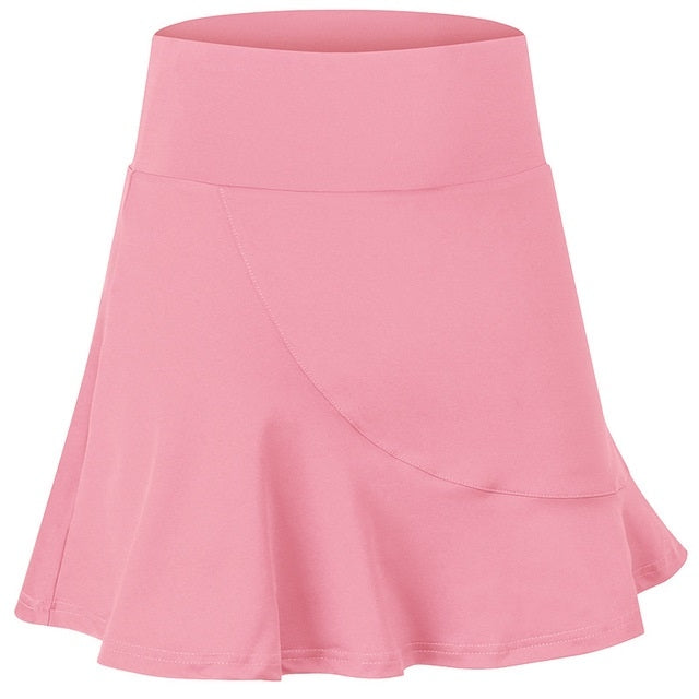 Women’s pink sports skirt with wide waistband and flared A-line hem