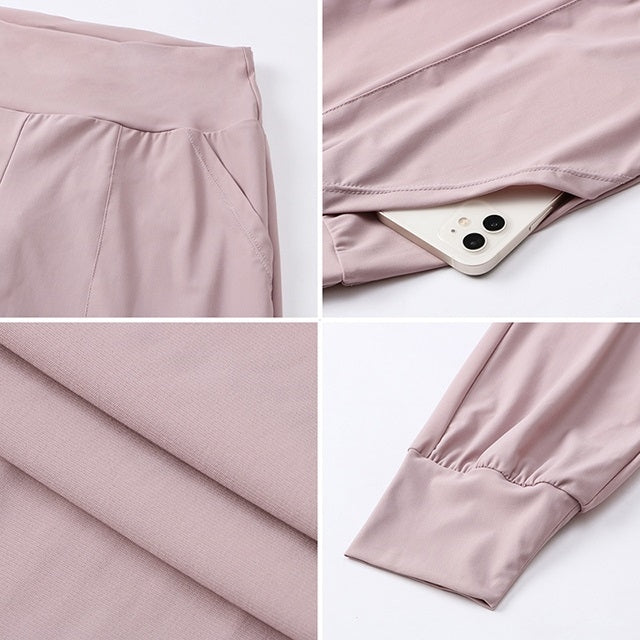 Women’s loose sports trousers, mauve pink, side pocket with phone, cuffed ankles