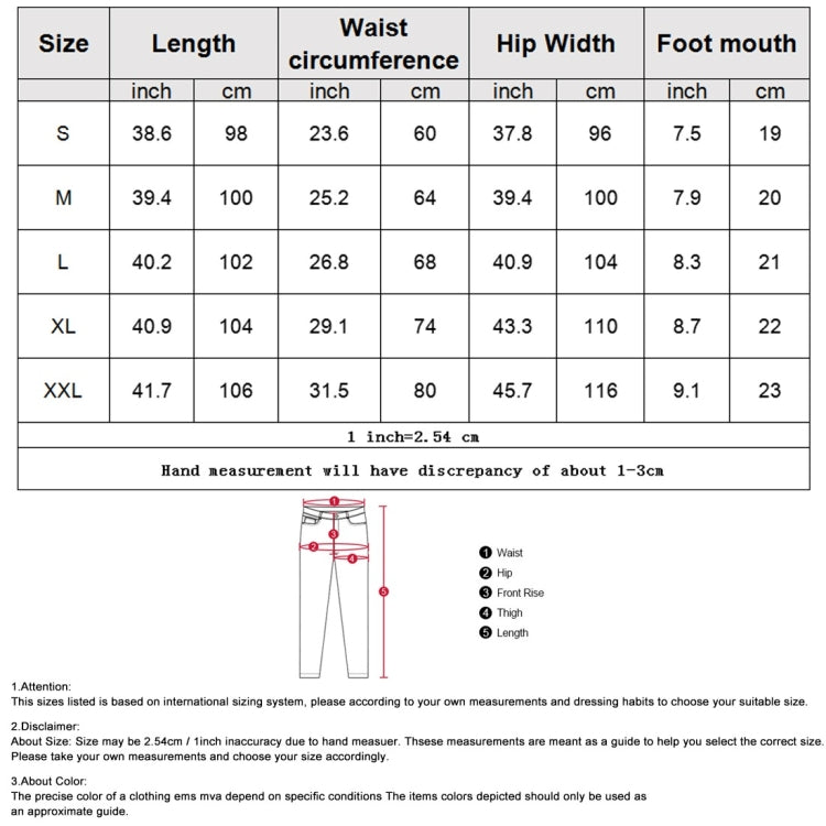 Size chart for loose sports trousers: length, waist, hip width, foot mouth measurements