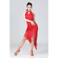 Red halter Latin dance dress with asymmetrical layered tassel skirt