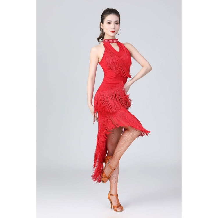 Red sleeveless halter Latin dance dress with fringe tassel overlays