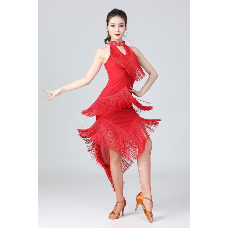 Red halter neck Latin dance dress with flowing fringe tassel skirt