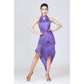 Purple halter neck dance dress with layered tassel fringe and asymmetrical skirt