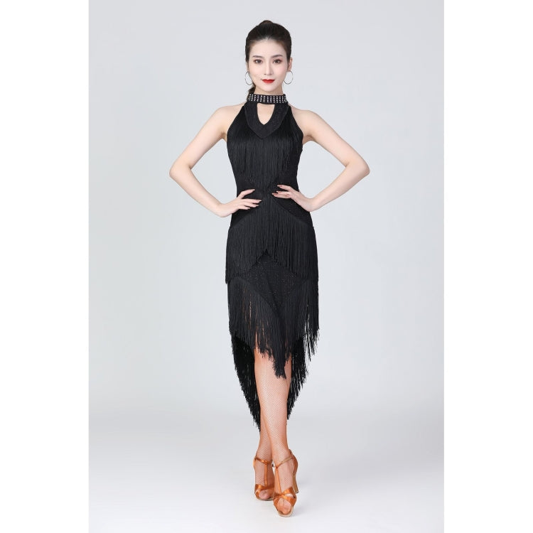 Black halter neck dance dress with fringe neckline and asymmetrical tassel hem