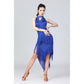 Royal blue halter neck dance dress with fringed yoke and cascading tassels