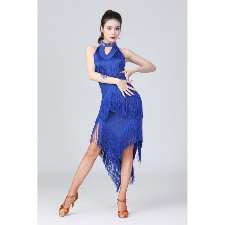 Royal blue halter neck dance dress with fringed yoke and cascading tassels