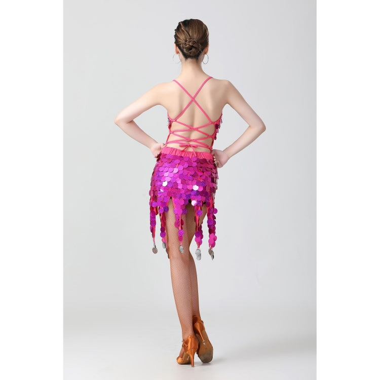 Back view: fuchsia sequin Latin dance dress with crisscross straps and fringe hem