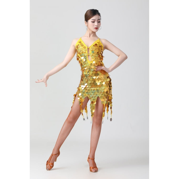 Gold sequin deep V Latin dance dress with fringe drops and high-cut skirt