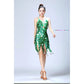 Green sequin deep V Latin dance dress with fringe drops and thigh-high slit