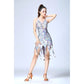 Silver sequin Latin dance dress with deep V neckline and fringe tassels