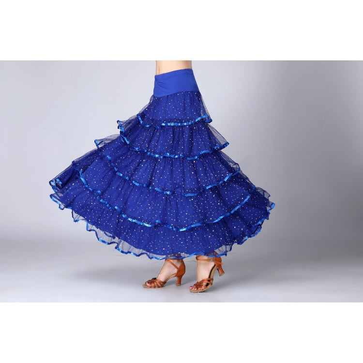 Royal blue sequin swing dance long skirt with tiered ruffles and glitter dots