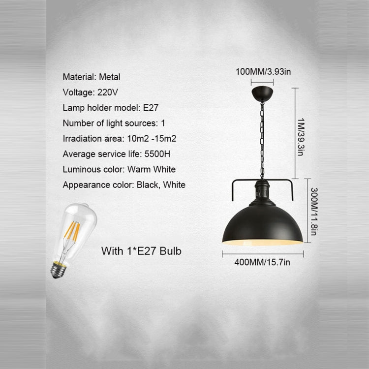Black pendant light with hanging chain and E27 lamp holder, warm white glow