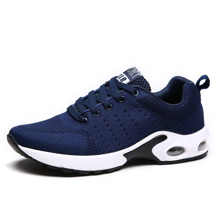 Men's blue mesh lace-up running shoe with white sole and air-cushion detail
