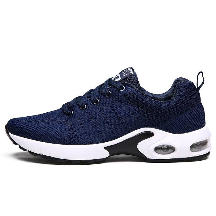 Men's blue mesh running shoes, side view, white sole with air-cushion pods