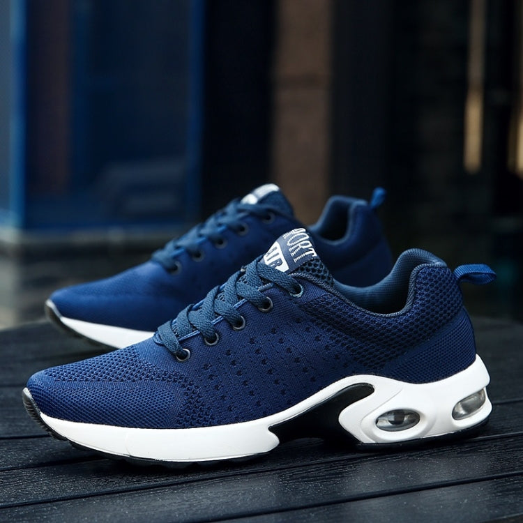 Pair of men's blue mesh lace-up running shoes with white sole and air-cushion detail