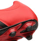 Red soccer shoe with black trim, side stripe detail, and molded forefoot studs