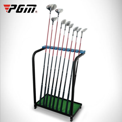 9-hole golf club display rack with black frame, green base, and red/white club slots