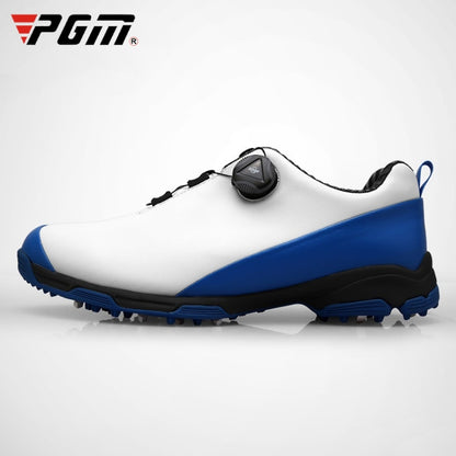 Waterproof golf shoe, white upper with blue side panels and cleated rubber sole