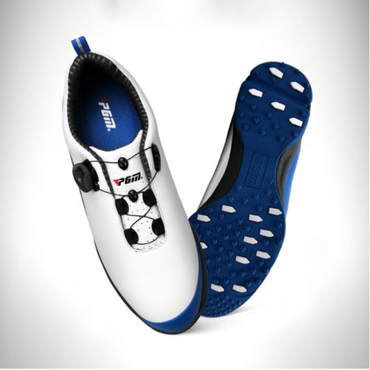 Waterproof golf sneakers, white upper with black accents and blue cleated outsole