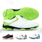 White golf sneaker with neon green cleat outsole and lace-up front