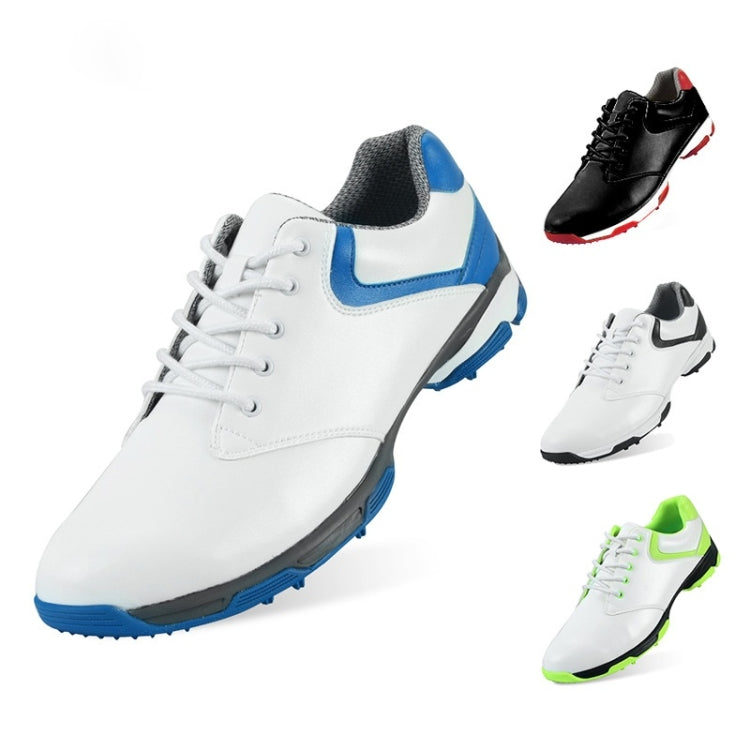Assorted golf sneaker color options: white blue, white green, and black red pairs