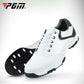 Men's white lace-up golf sneakers, side view with black studded sole