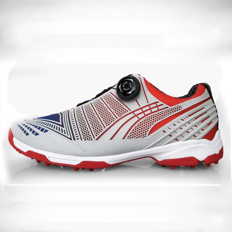 Men's golf sneakers, white with red and blue details, black dial buckle, red outsole