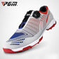 Lace-up golf sneakers with white upper, blue perforated panels, black strap, red heel.