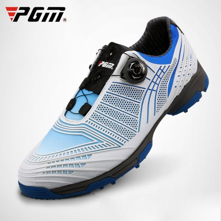 White and light blue golf sneakers with black laces and blue rubber sole for outdoor grip